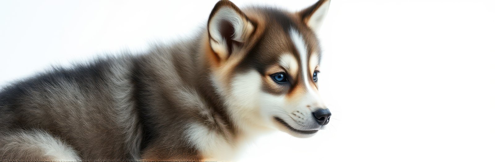 Cute dog with striking blue eyes resting against a light background in a cozy indoor setting